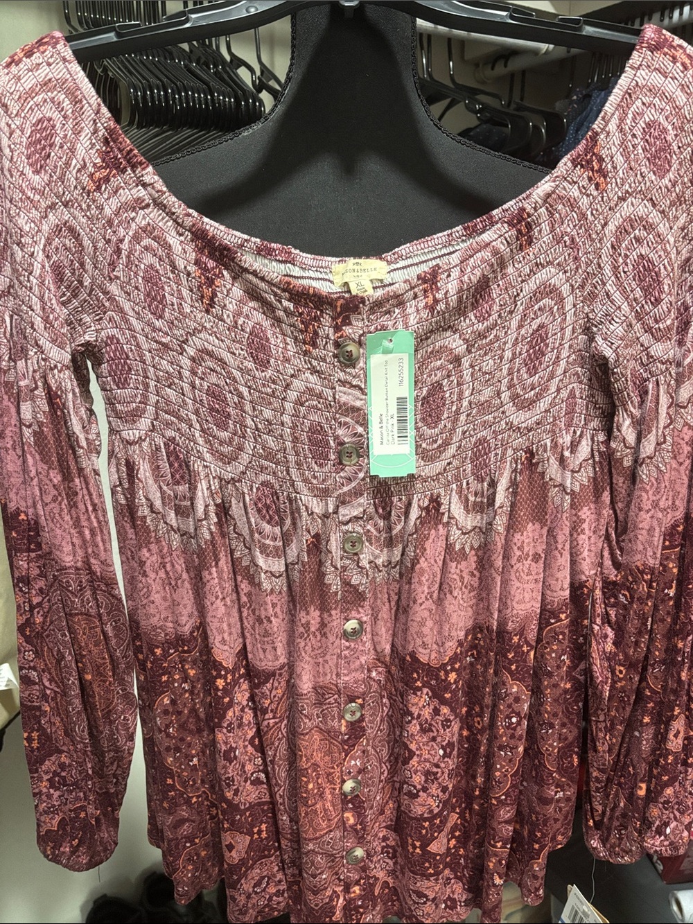 Smocked Off-Shoulder Paisley Button-Front Blouse in Rose